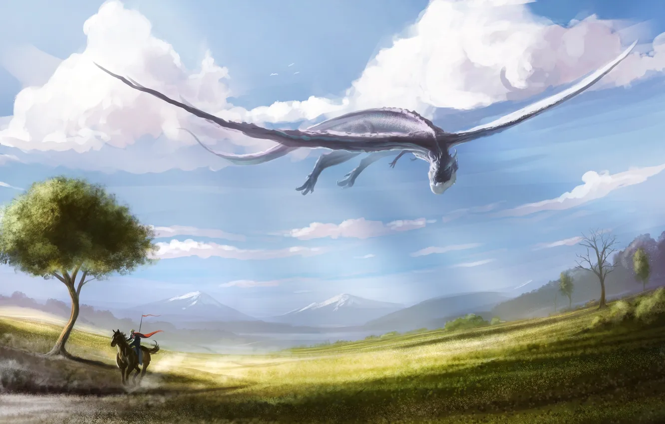 Фото обои облака, конь, дракон, арт, всадник