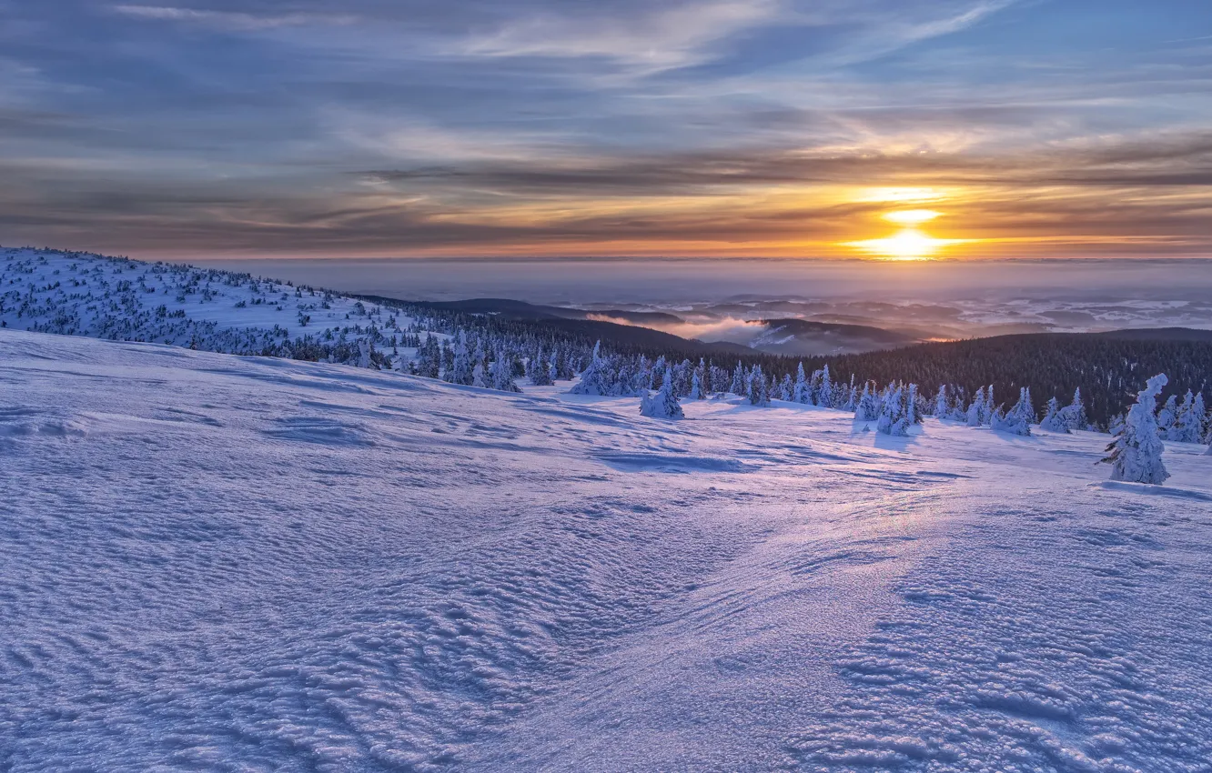 Фото обои зима, снег, горы, восход, рассвет, утро, Чехия, Czech Republic