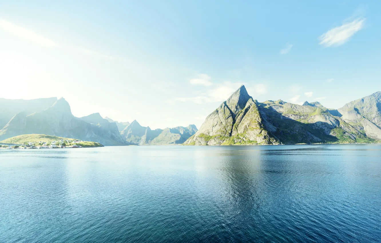 Фото обои Небо, Горы, Норвегия, Пейзаж, Побережье, Лофотенские Острова