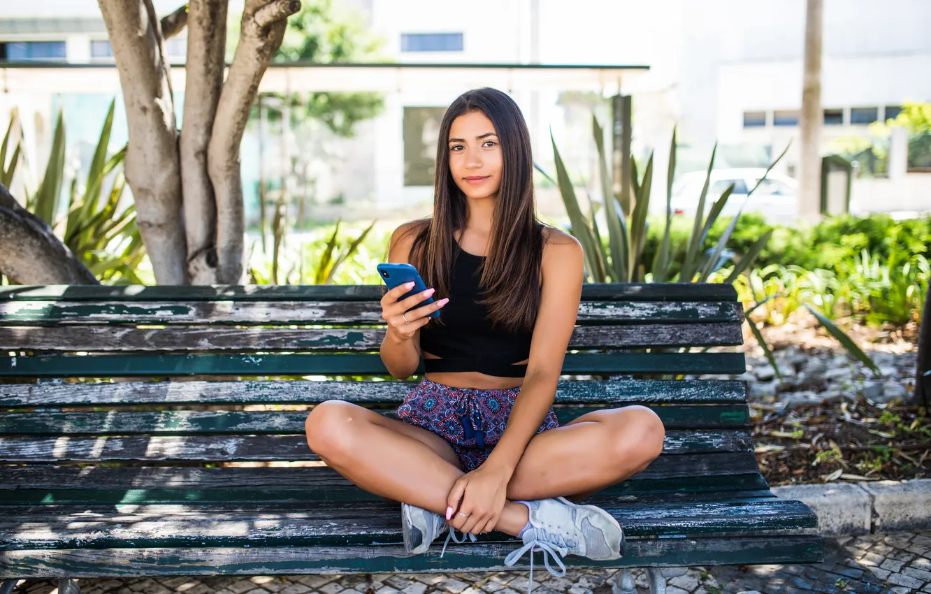Фото обои woman, young, street, bench, phone, sitting, latin