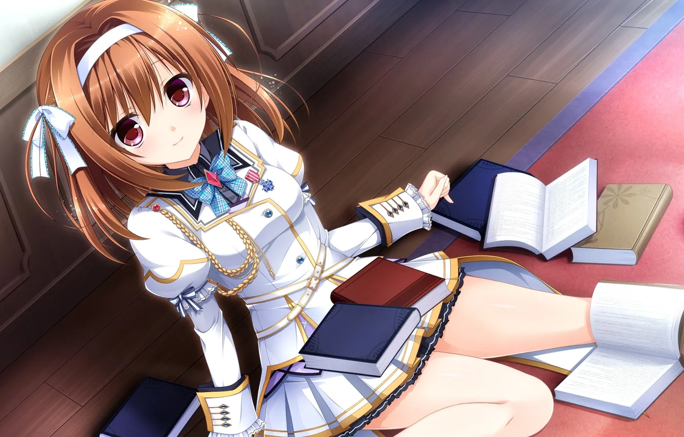 Фото обои взгляд, девушка, улыбка, книги, art, сидя, kimishima ao, otome ga kanaderu koi no aria