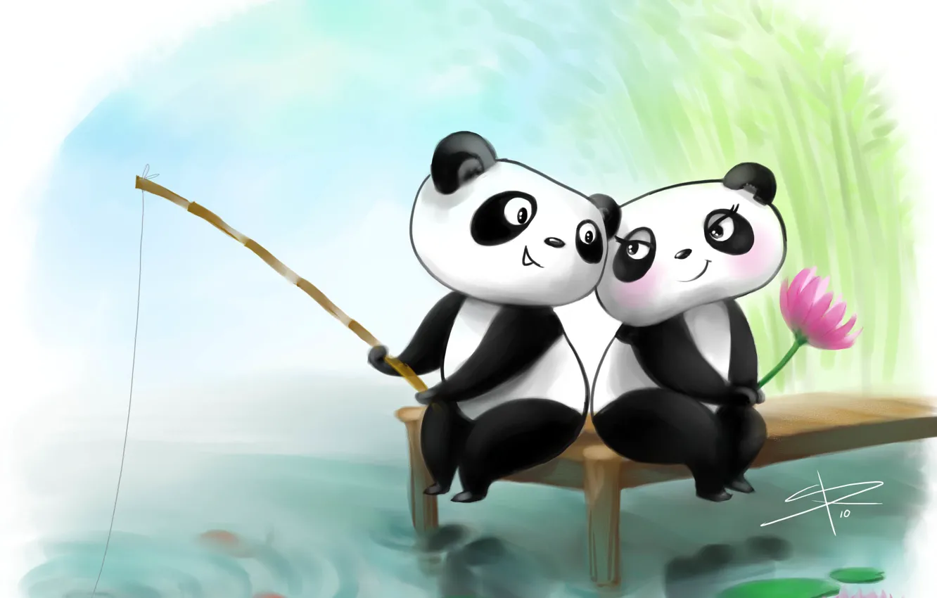 Фото обои любовь, рисунок, рыбалка, лотос, двое, панды, удочка, смущение