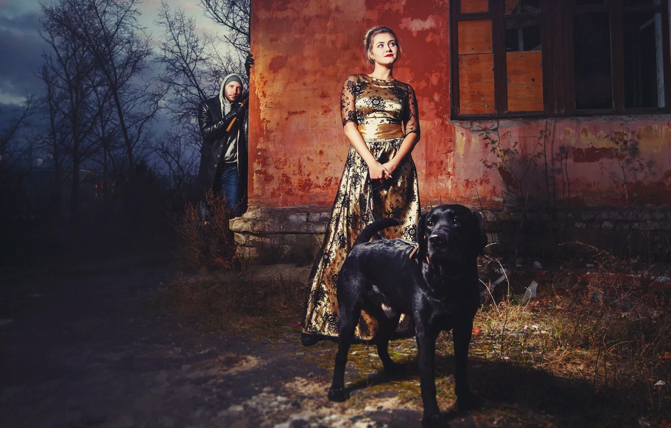 Фото обои девушка, собака, парень, топор, Алексей Цибин