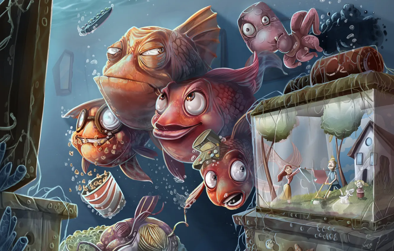 Фото обои рыбы, люди, аквариум, юмор, телевизор, семья, арт, осьминог