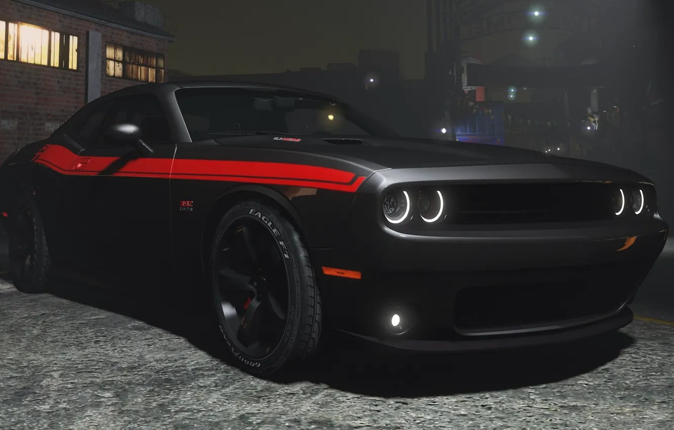 Фото обои ночь, чёрный, Dodge, Challenger, GTA 5, 2015