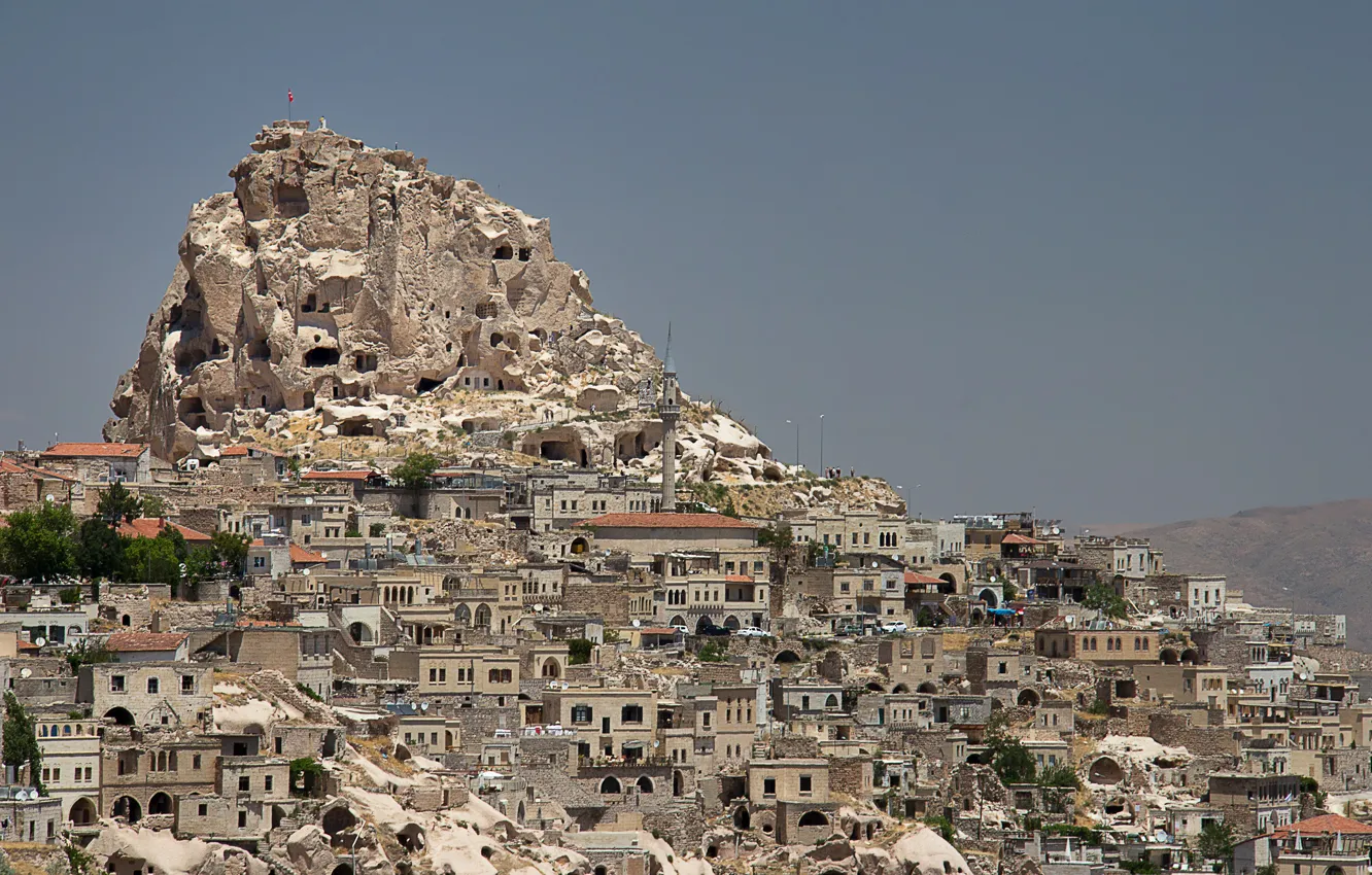 Фото обои скала, гора, дома, Турция, Каппадокия, Учисар