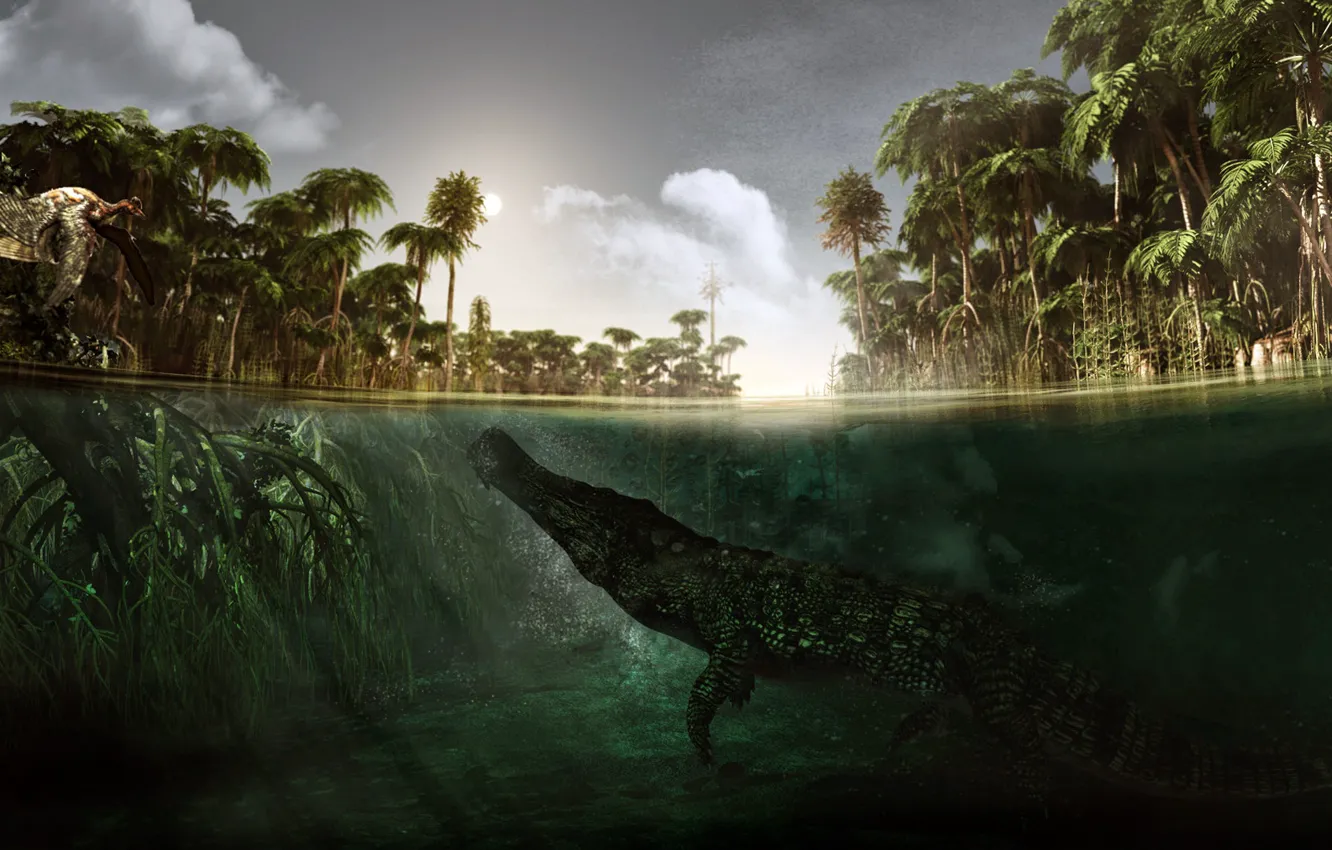 Фото обои Underwater, Alessandro Mastronard, Sarcosuchus, Саркозух, Microraptor, Микрораптор, вымерший род гигантских крокодиломорфов, род мелких дромеозаврид