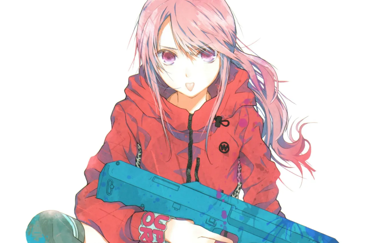 Фото обои язык, куртка, автомат, белый фон, art, розовые волосы, haruaki fuyuno, gun &ampamp; girl