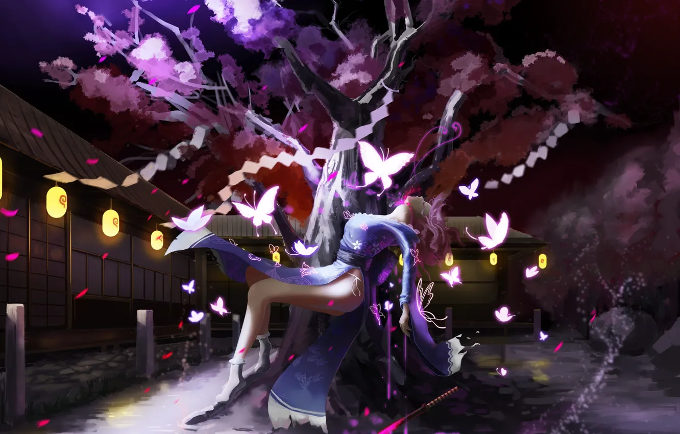 Фото обои девушка, бабочки, ночь, дерево, аниме, арт, фонари, кимоно