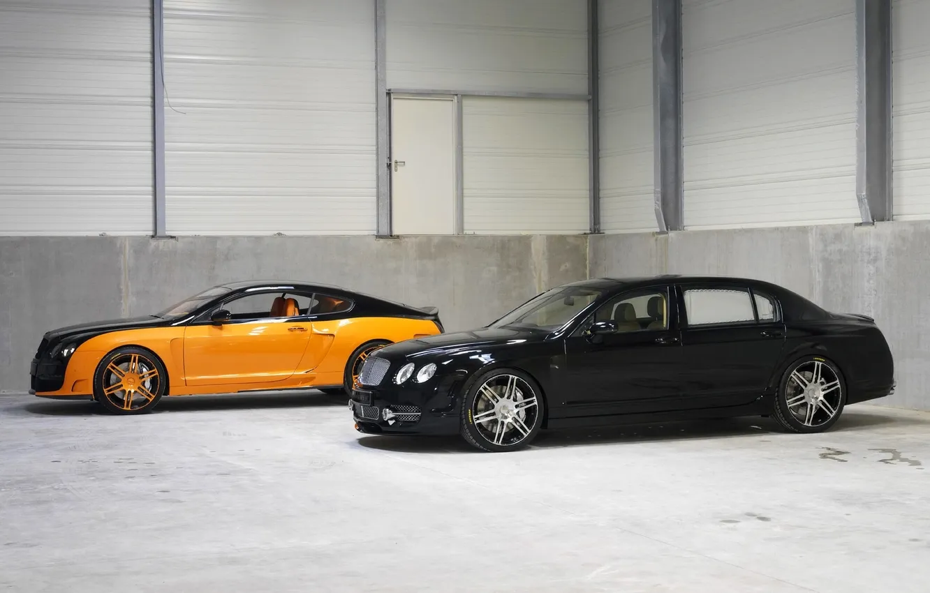 Фото обои Авто, Bentley, Continental, Черный, Желтый, Flying, Вид сбоку, Два