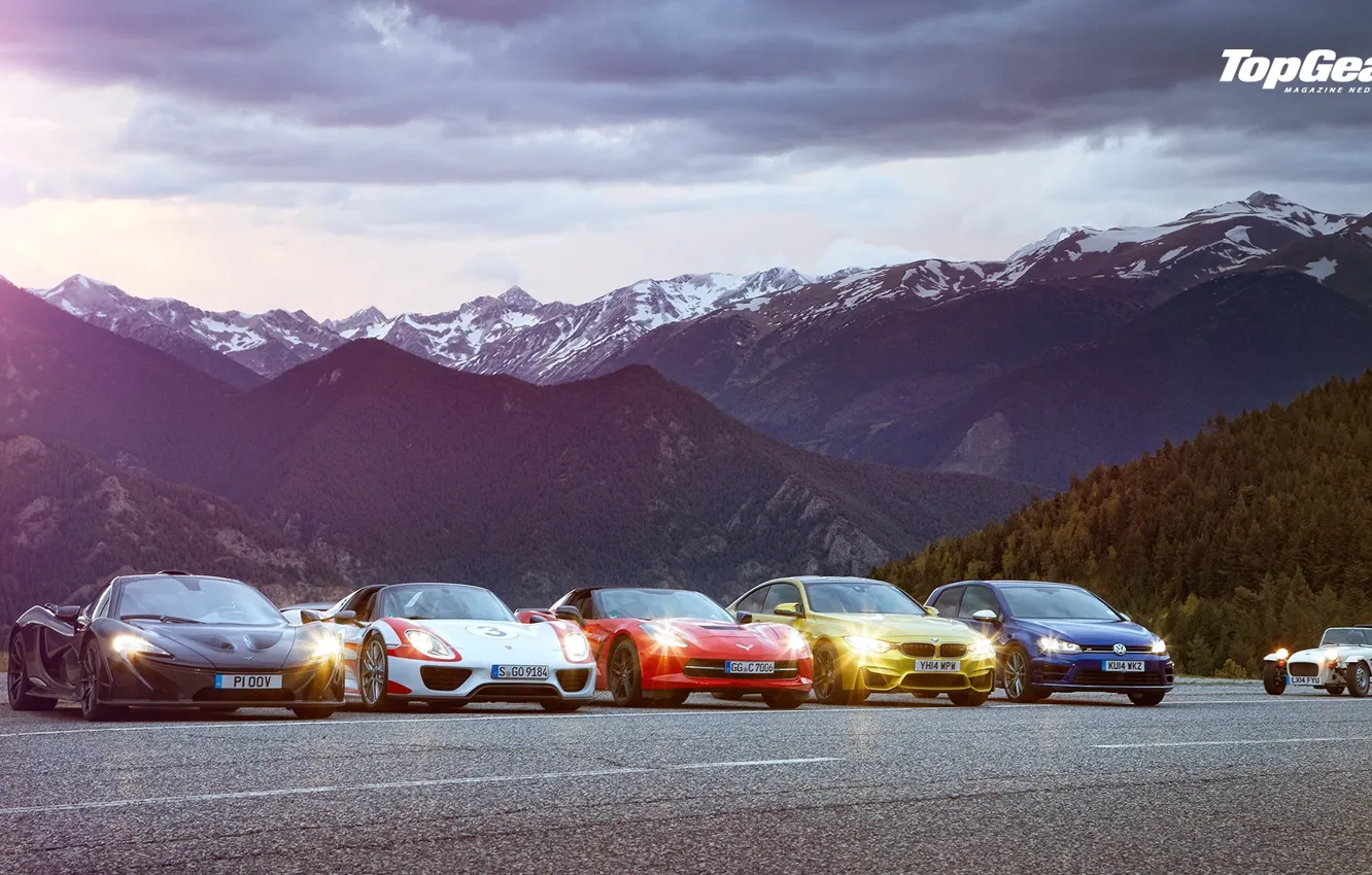 Фото обои Top Gear, Front, Wallpaper, Supercars, Volkswagen Golf, Porsche 918, BMW M4, McLaren P1