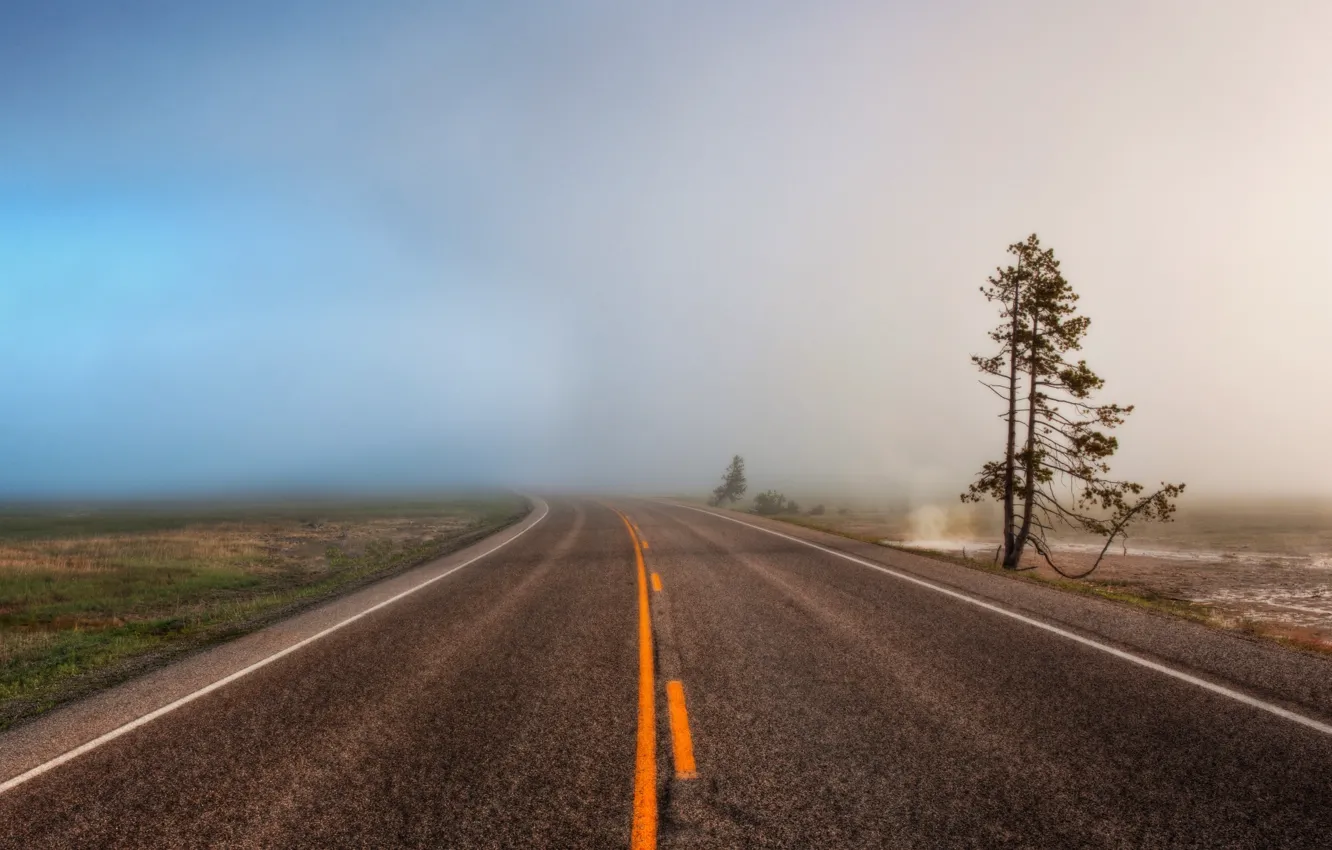Фото обои дорога, туман, обои, широкоформатные