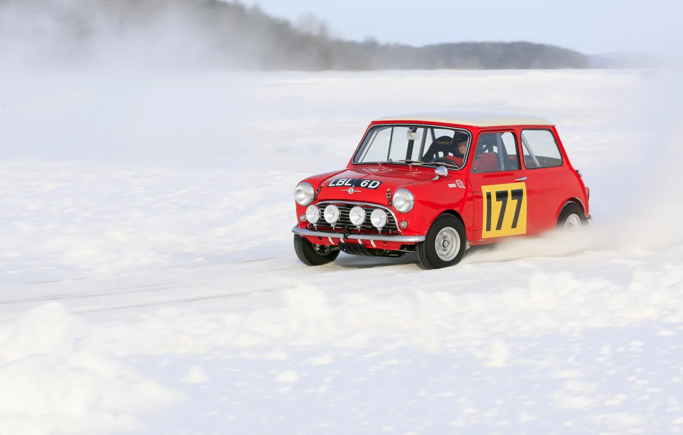 Фото обои Красный, Зима, Снег, Фары, Mini Cooper, Rally, MINI, Мини Купер