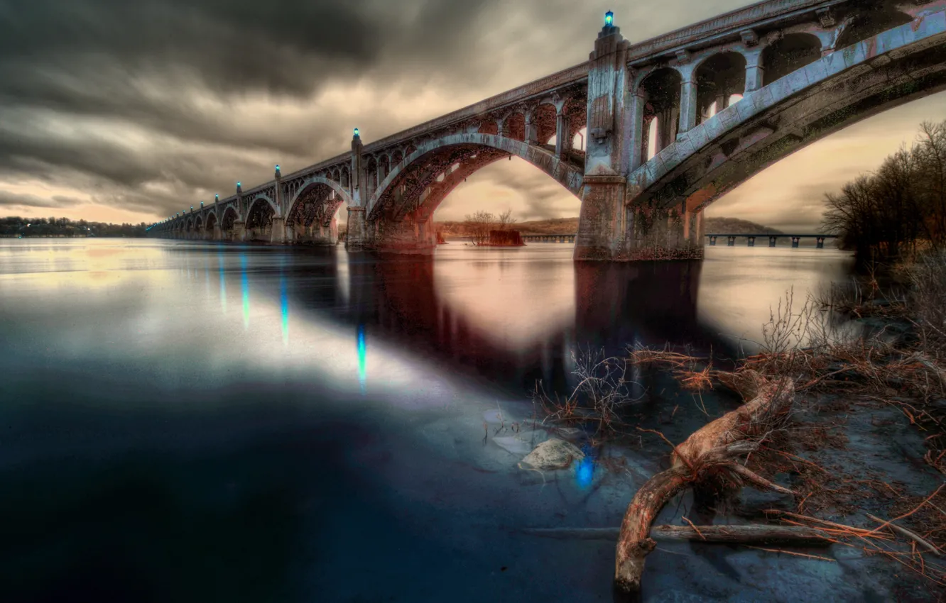 Фото обои тучи, мост, река