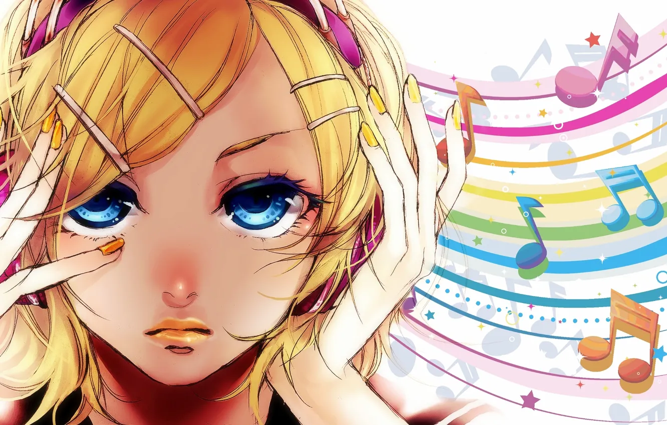 Фото обои девушка, лицо, ноты, краски, арт, vocaloid, kagamine rin, заколки