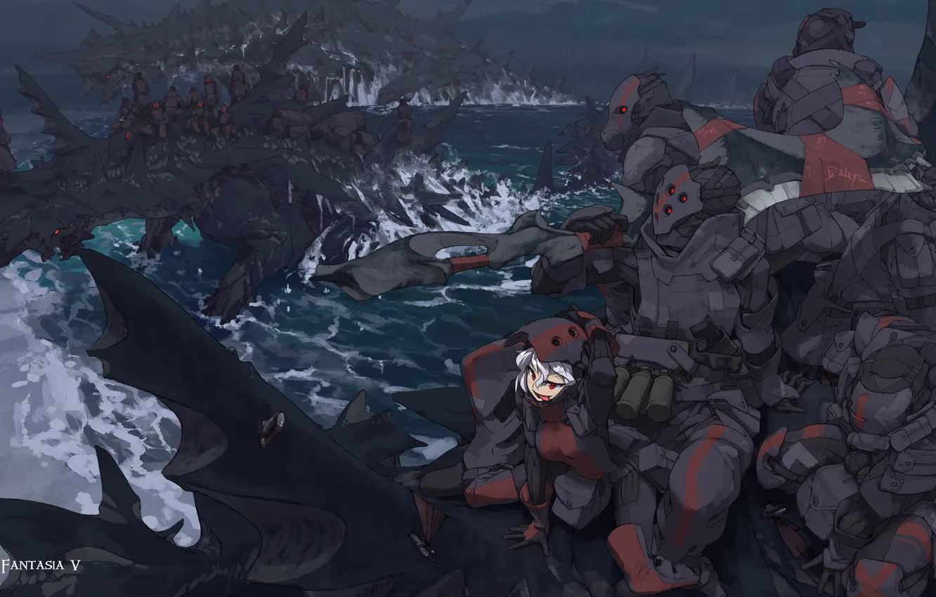 Фото обои девушка, океан, берег, драконы, армия, аниме, арт, монстры