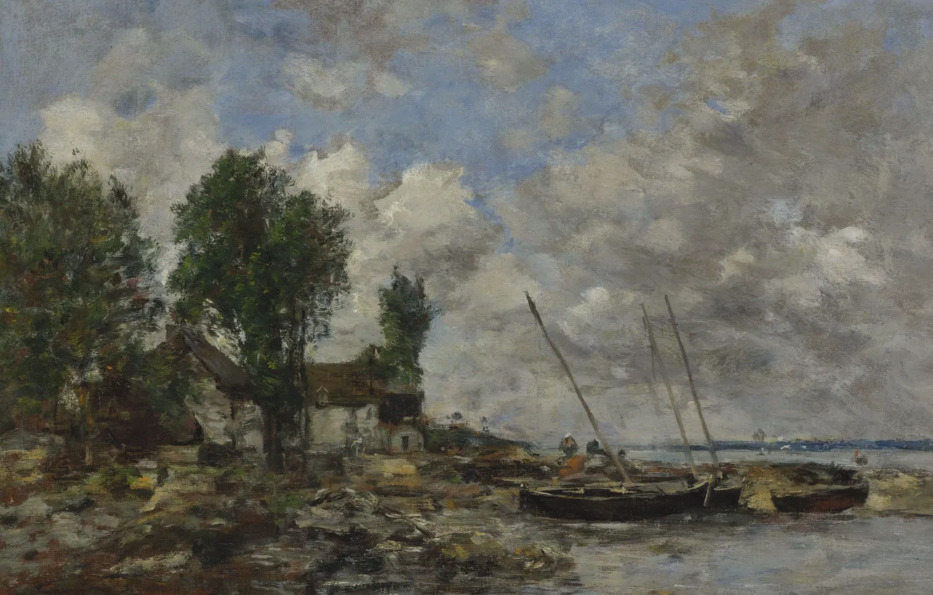 Фото обои облака, пейзаж, дом, лодка, картина, Эжен Буден, Eugene Boudin, Река в Плугастеле