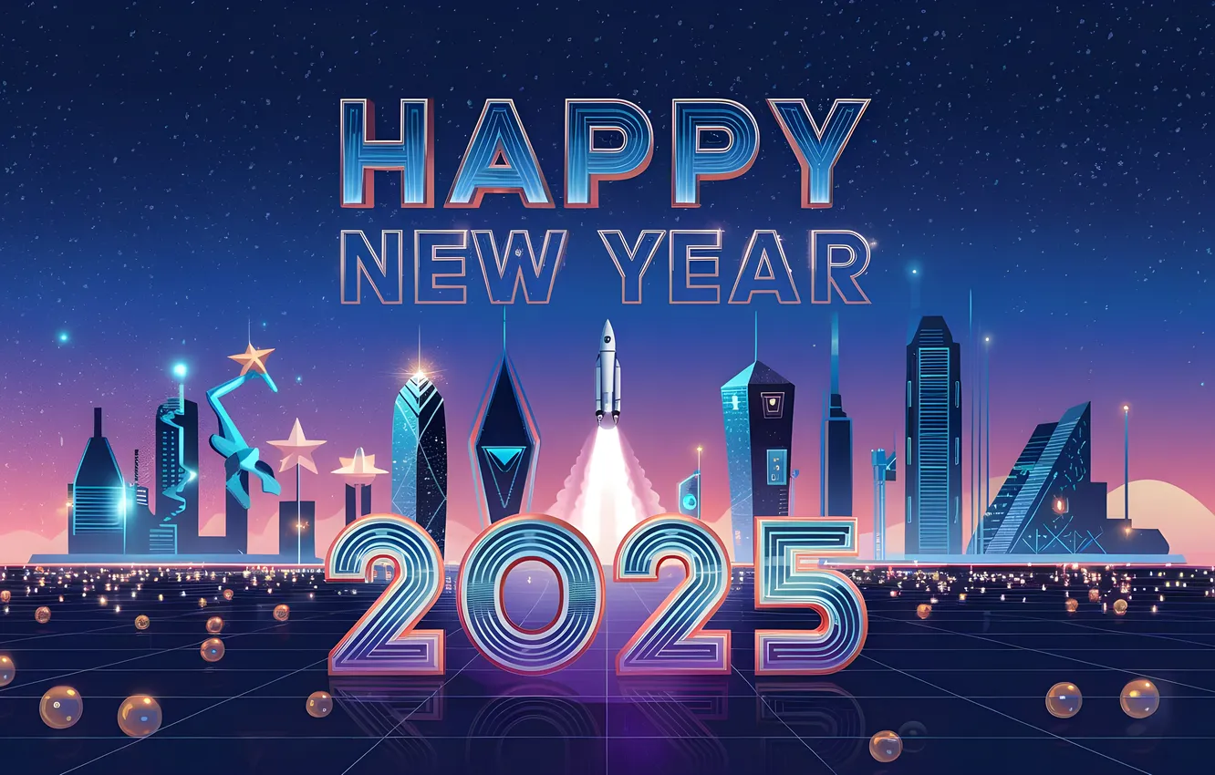 Фото обои Новый год, Праздник, Neon, New Year, Futuristic city, Celebrations, Space flight, Happy New Year 2025