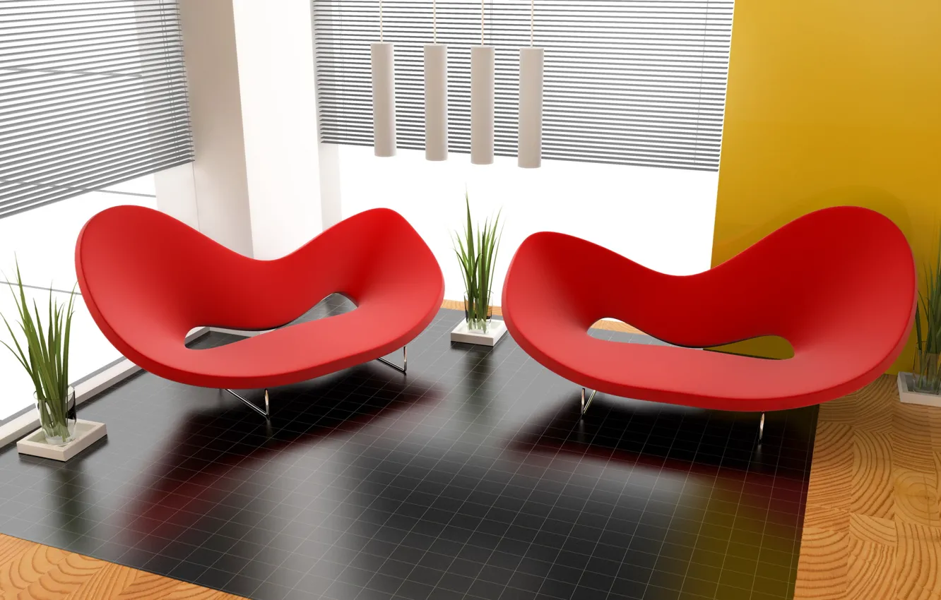 Фото обои дизайн, стиль, комната, красное, интерьер, растения, кресло, формы