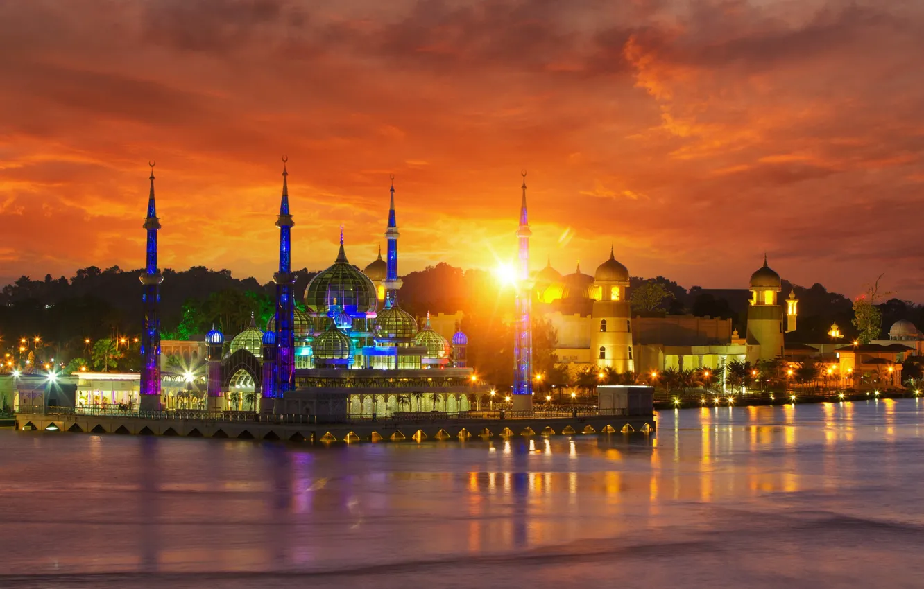 Фото обои пейзаж, city, город, ночные огни, мечеть, landscape, Kuala Lumpur, Куала-Лумпур