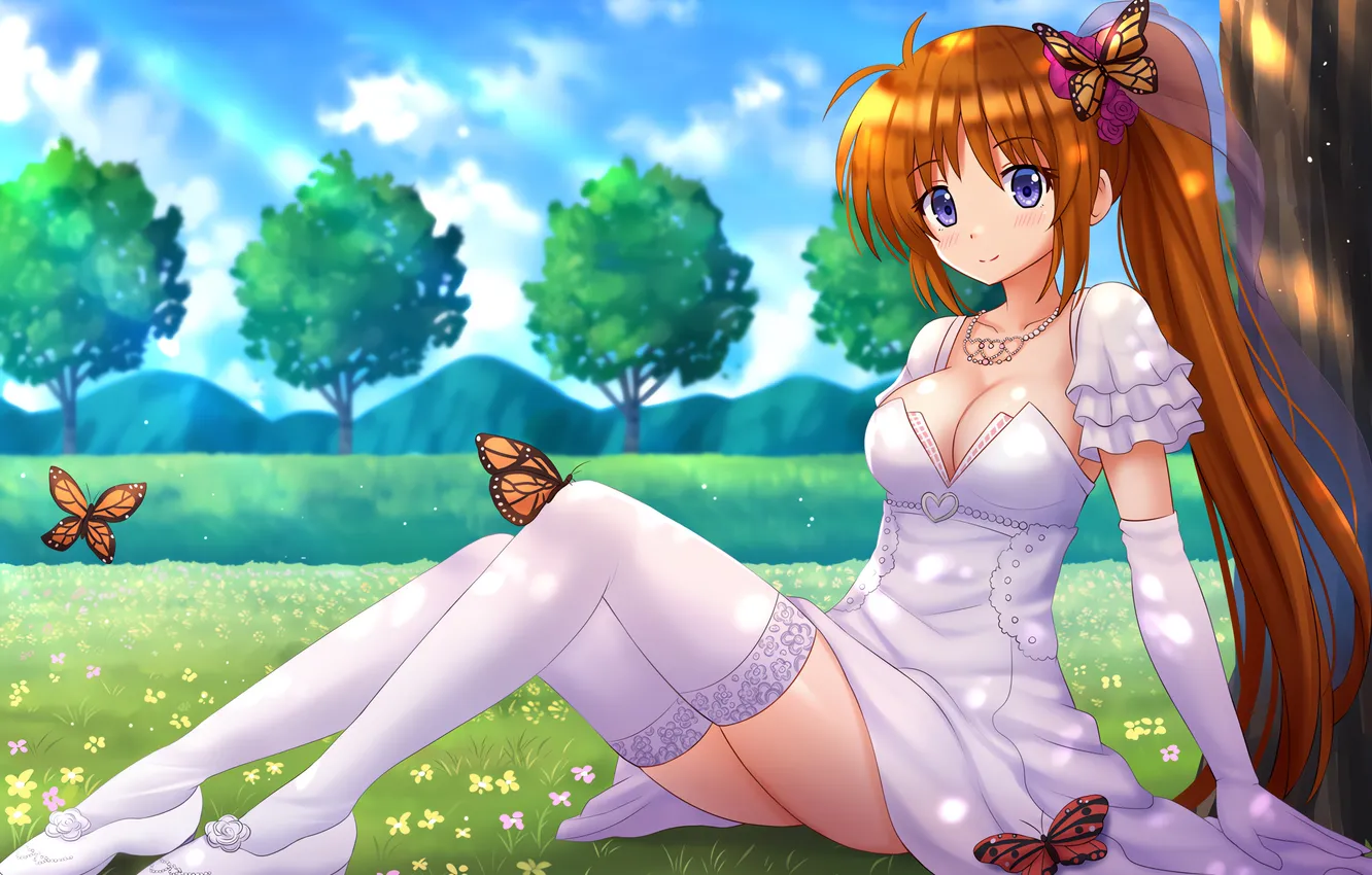 Фото обои girl, grass, sexy, cleavage, thighhighs, long hair, dress, legs