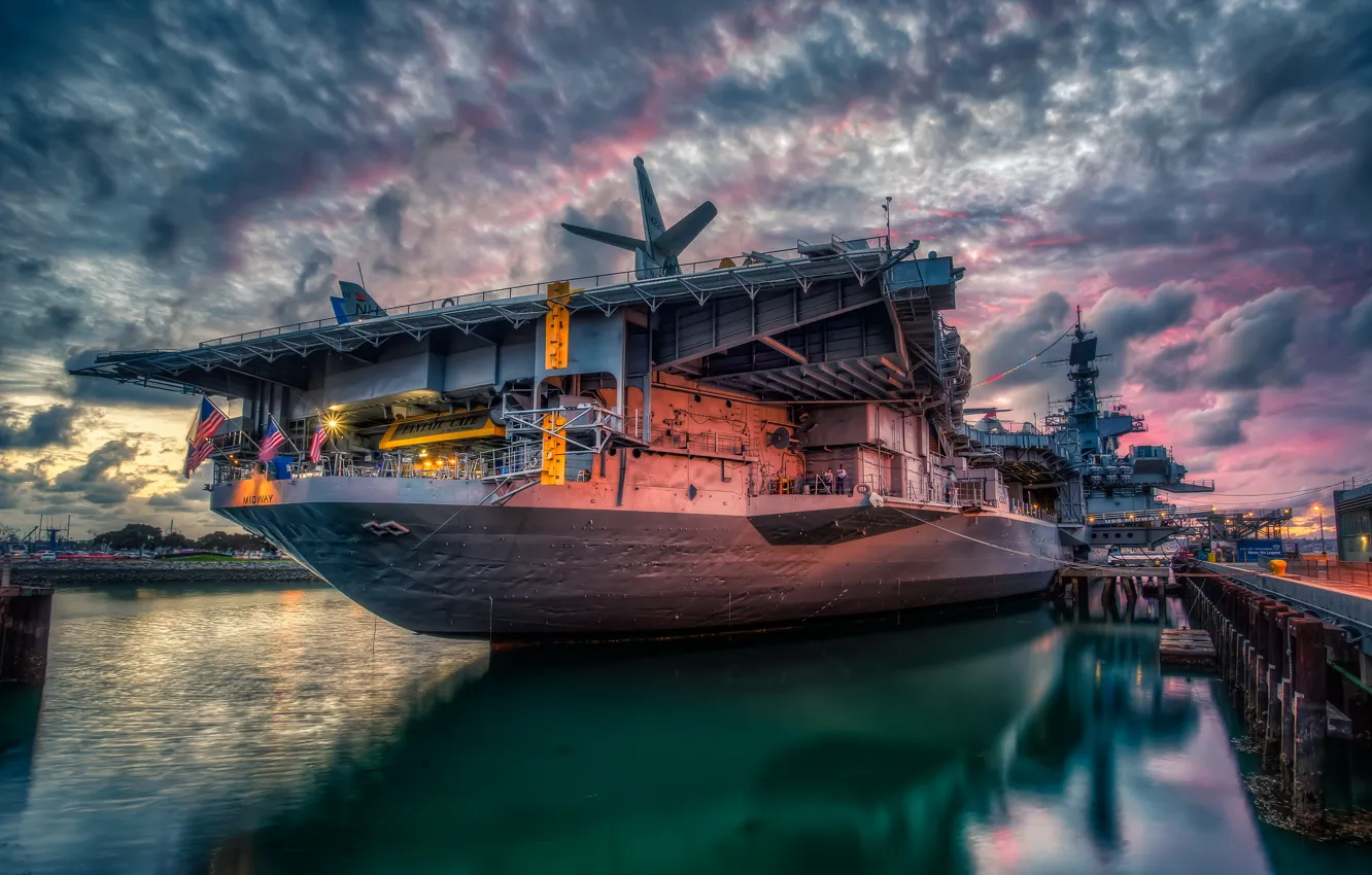 Фото обои Sunset, San Diego, Bay, USS Midway