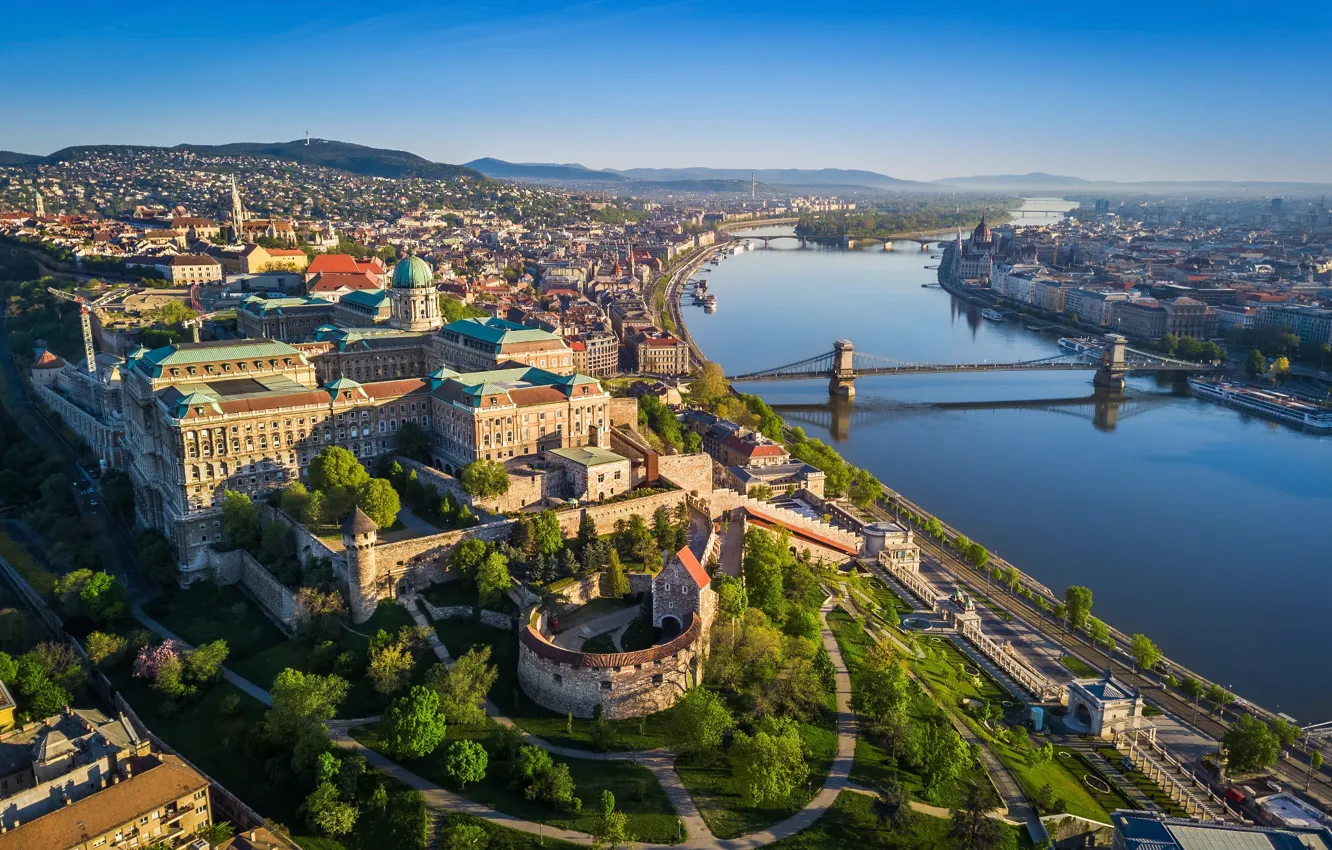Фото обои мост, река, здания, панорама, Венгрия, Будапешт, Buda Castle