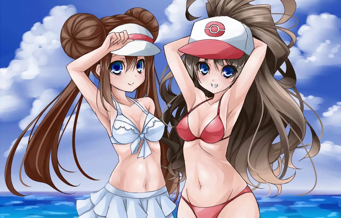 Фото обои sexy, cleavage, long hair, sea, girls, brown hair, boobs, anime