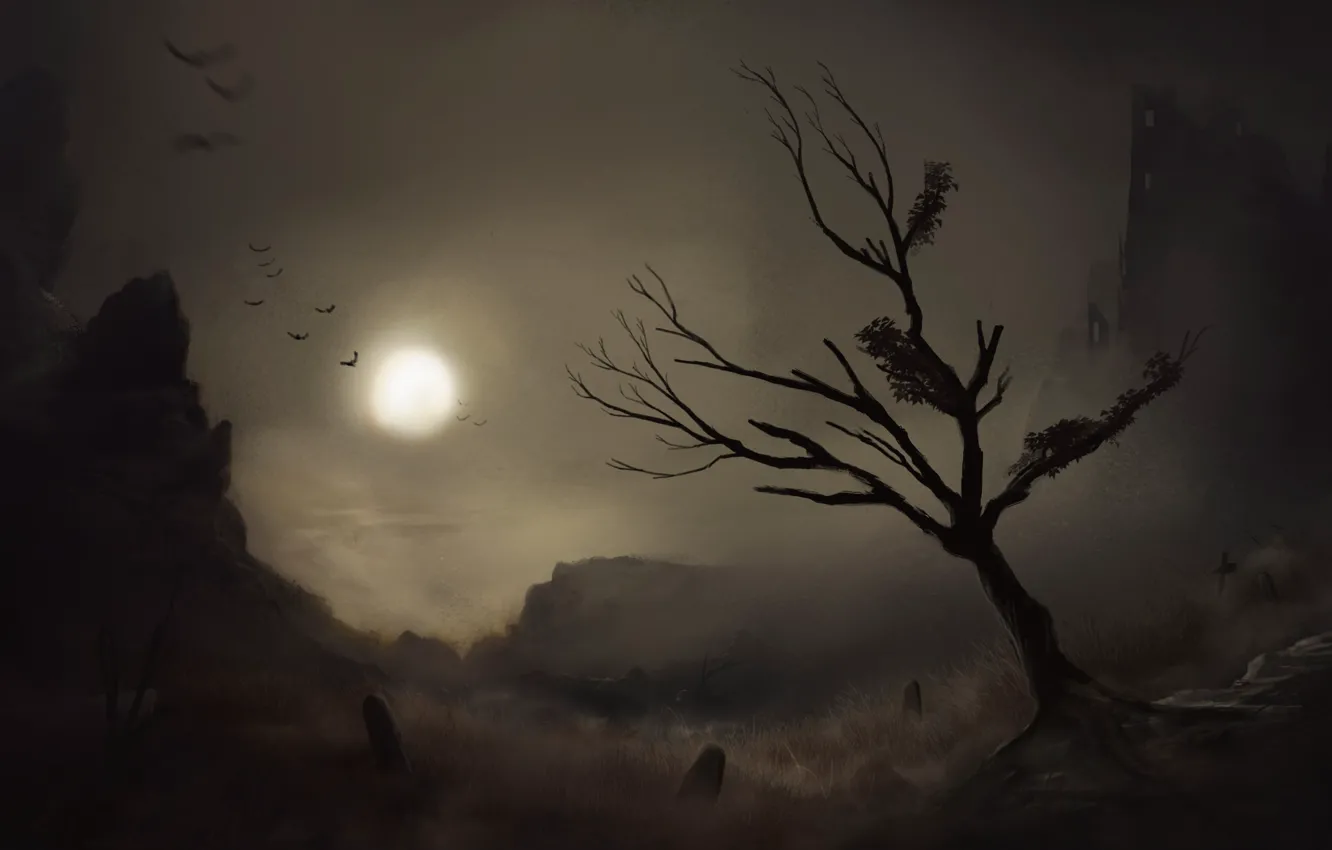 Фото обои птицы, ночь, дерево, луна, арт, нарисованный пейзаж