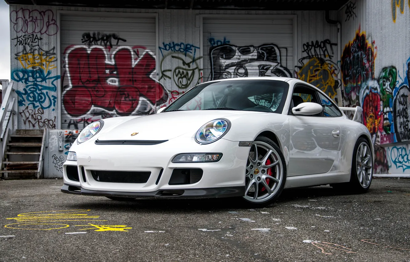 Фото обои 911, 997, Porsche, wall, white, graffiti, GT3, building
