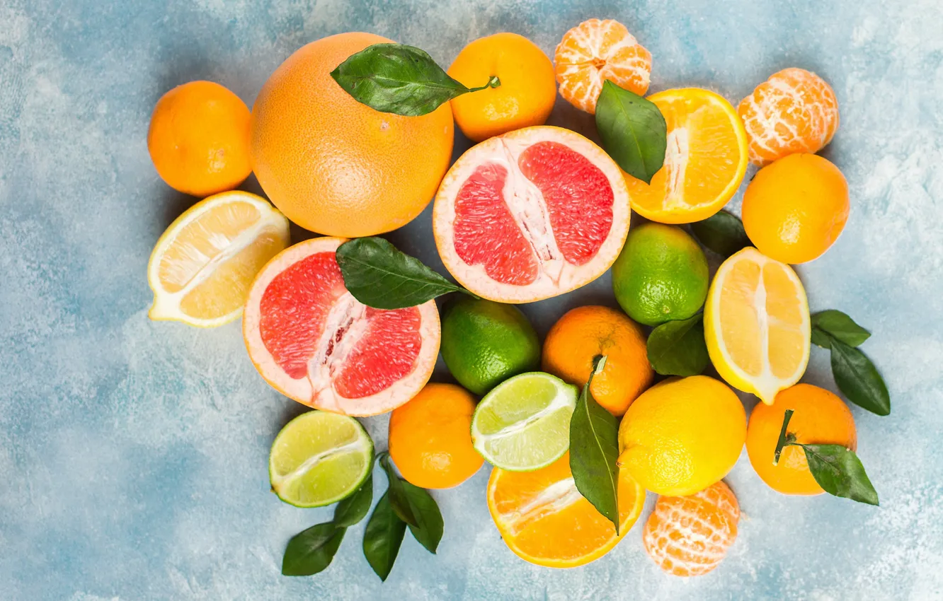 Фото обои листья, фон, апельсины, лайм, фрукты, много, разные, лимоны