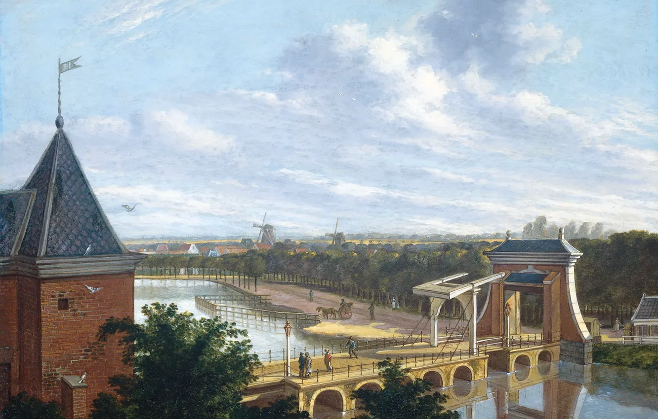 Фото обои масло, картина, городской пейзаж, Johannes Jelgerhuis, Вид на Лейденский Порт из Театра