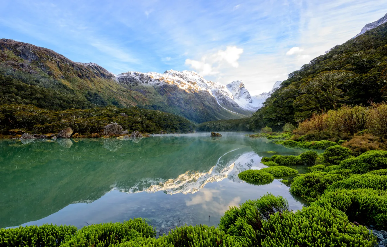 Фото обои деревья, горы, озеро, камни, Новая Зеландия, ущелье, Lake Mackenzie