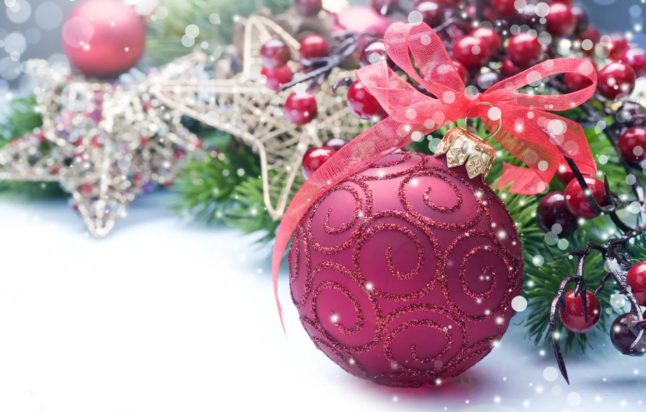 Фото обои праздник, игрушки, новый год, шар, лента, декорации, happy new year, christmas decoration