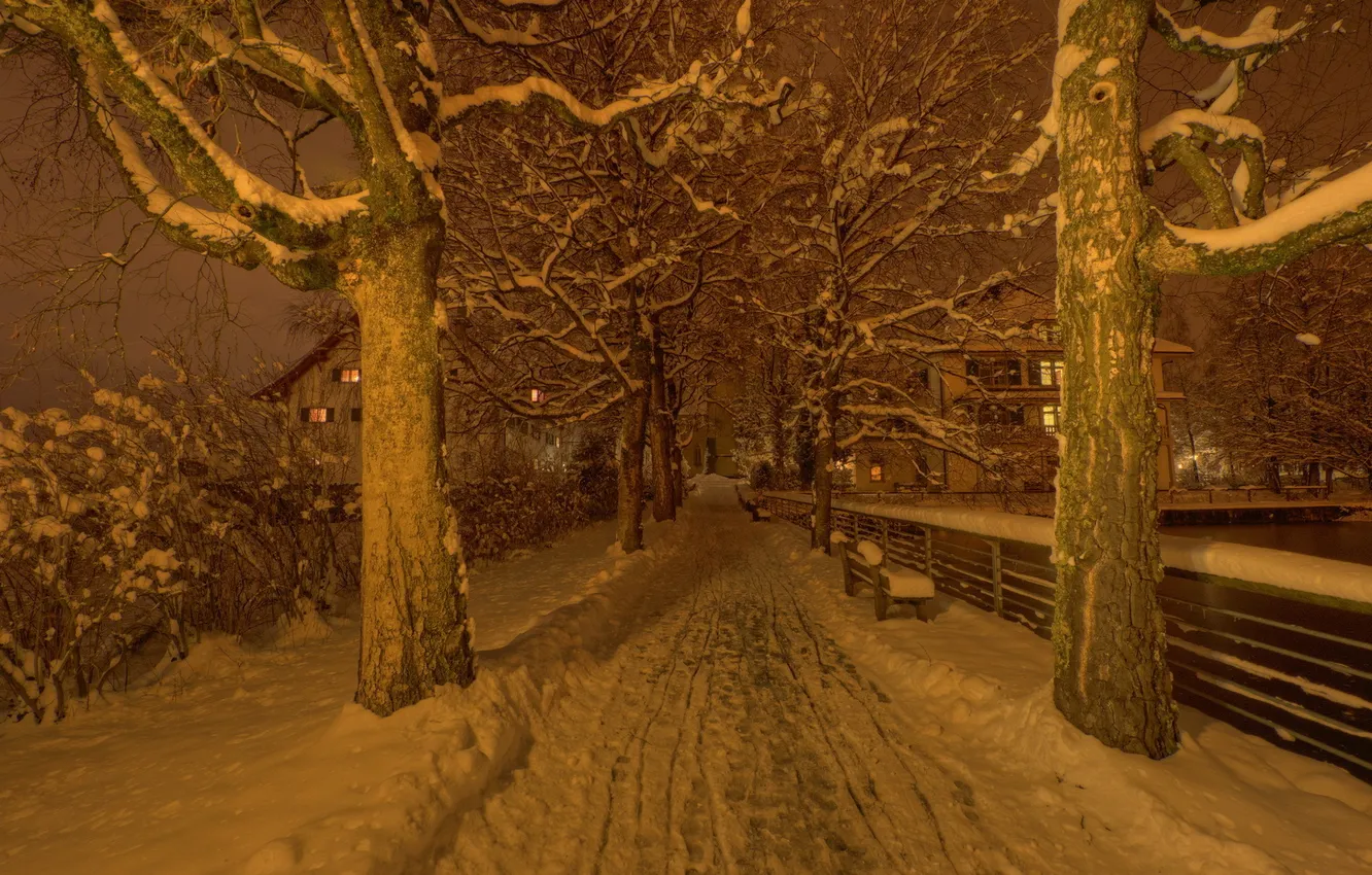 Фото обои зима, ночь, город, улица