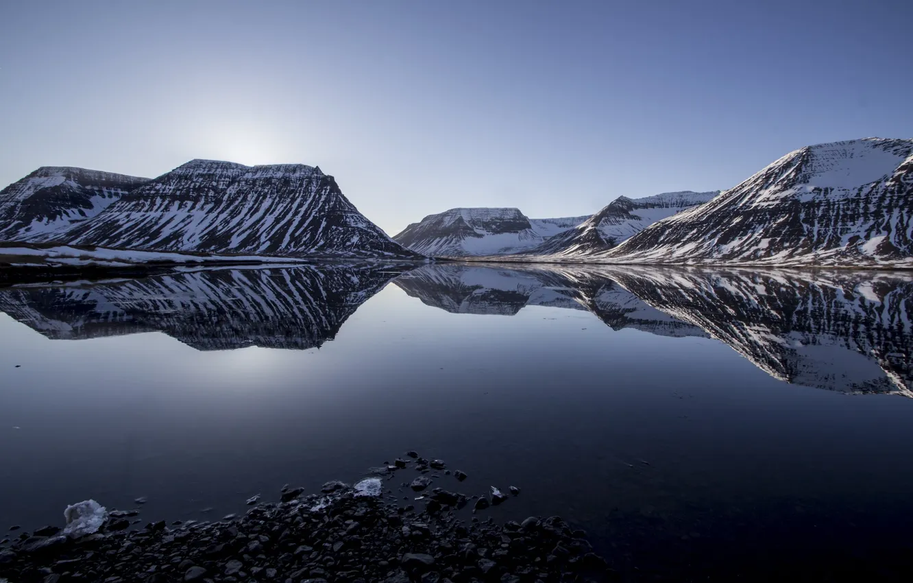Фото обои снег, горы, озеро, отражение, вершины, гряда