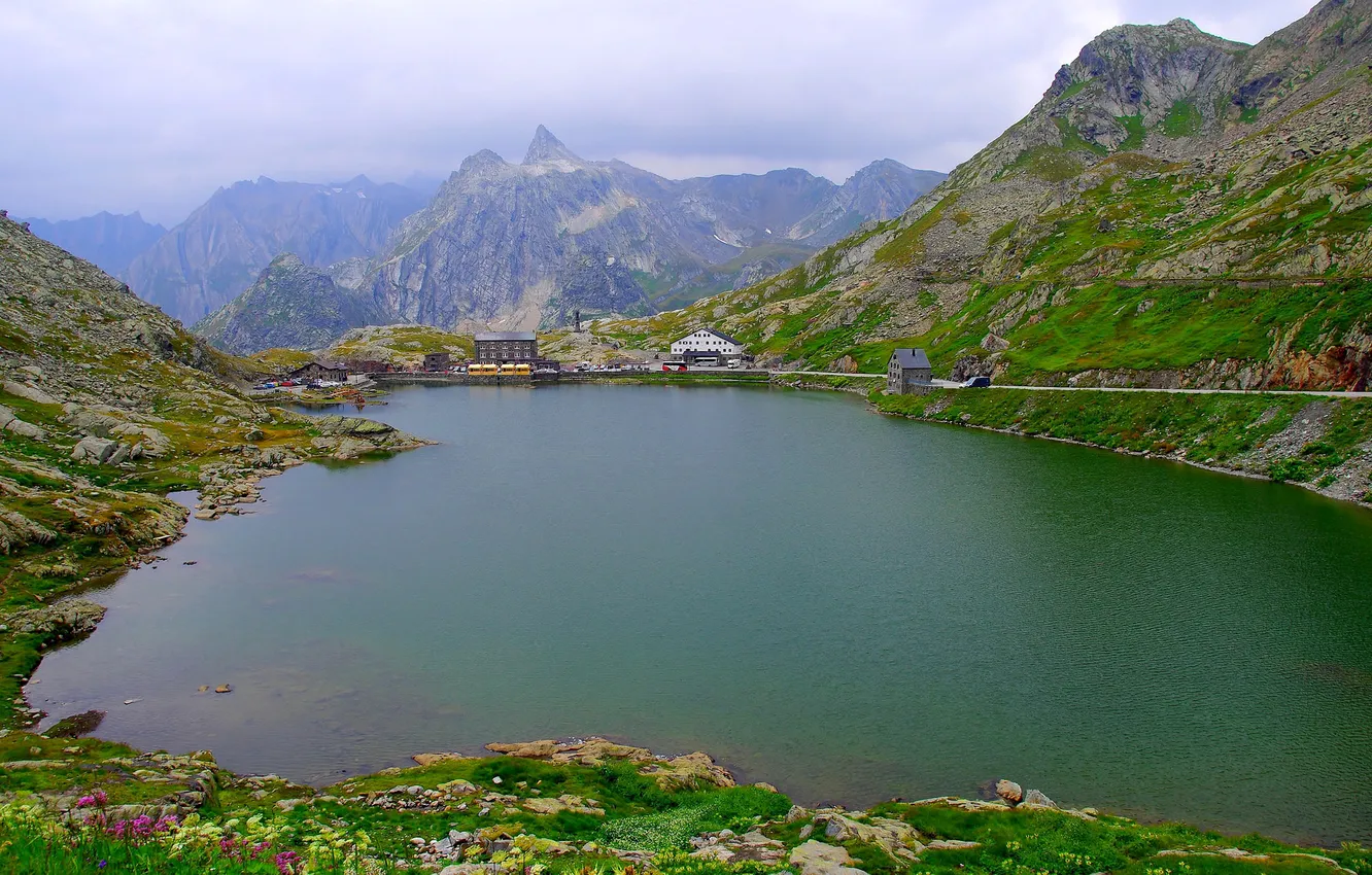Фото обои горы, озеро, дом, Швейцария, Вале