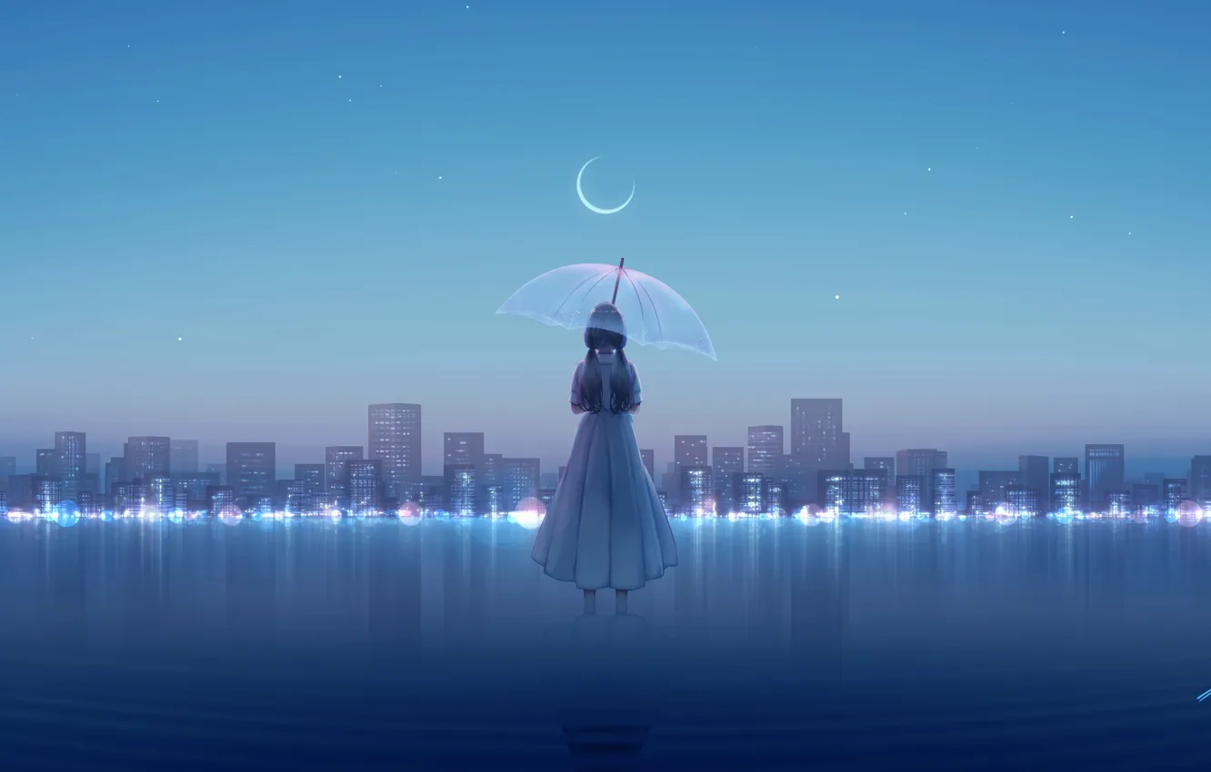 Фото обои вода, девушка, город, зонт, полумесяц