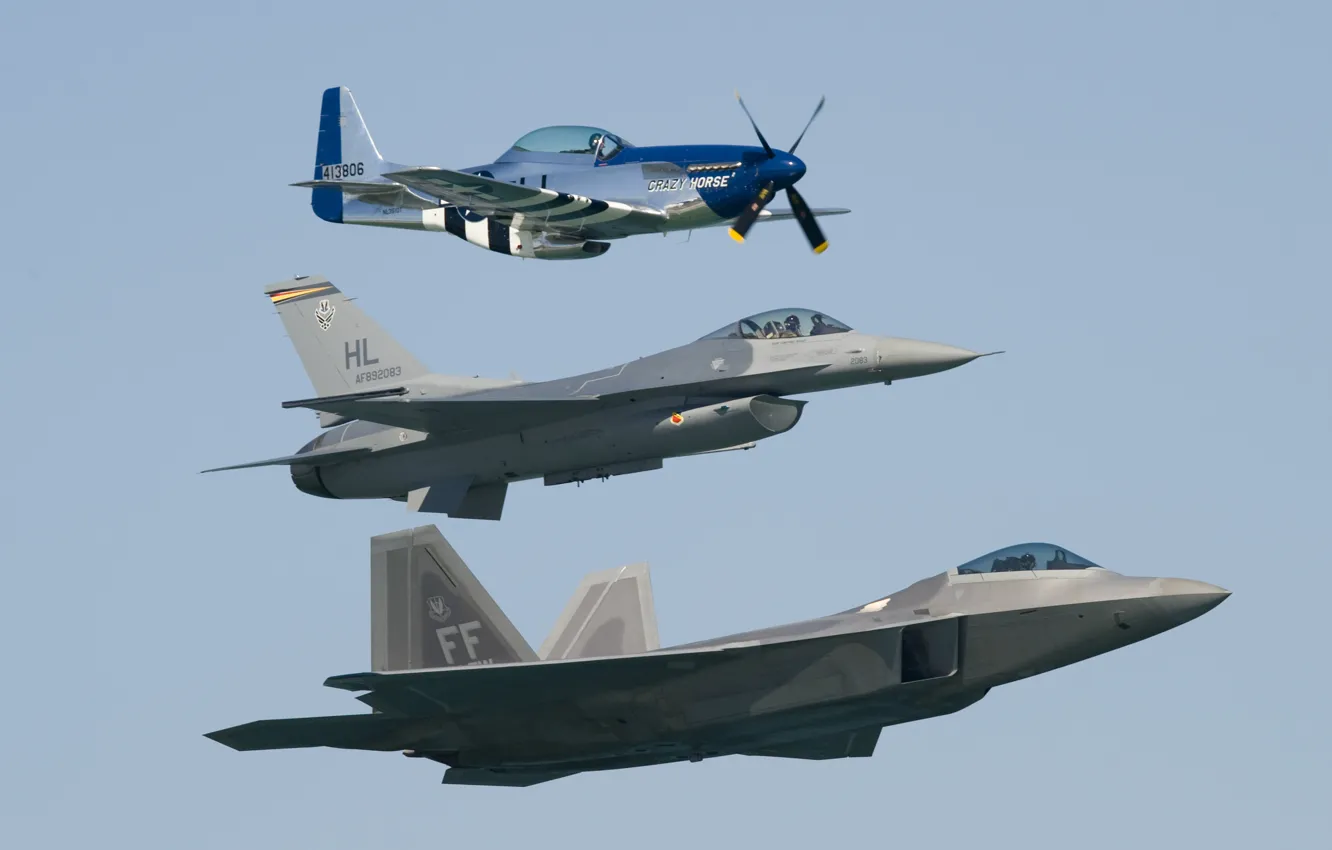 Фото обои полет, Mustang, истребители, P-51, F-16, Fighting Falcon, F-22 Raptor