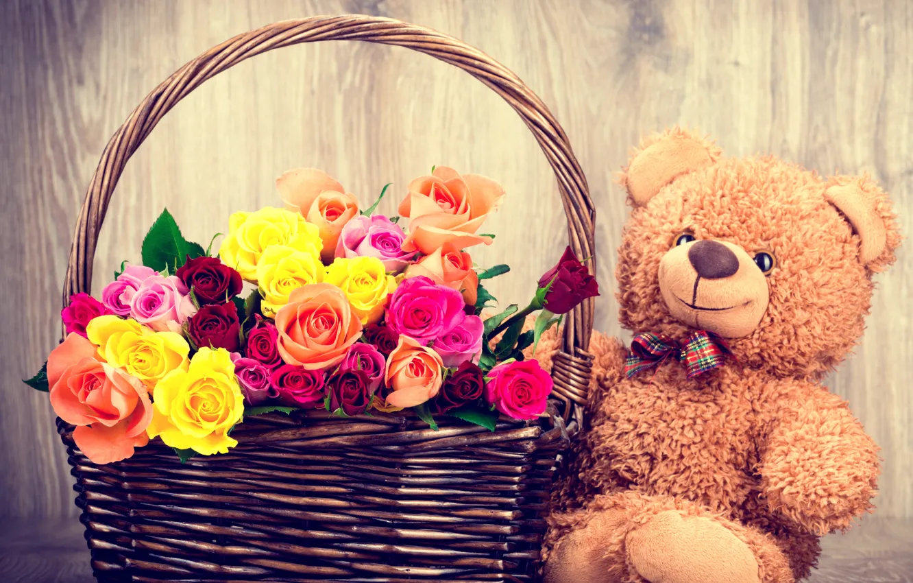 Фото обои цветы, подарок, корзина, розы, букет, мишка, love, flowers