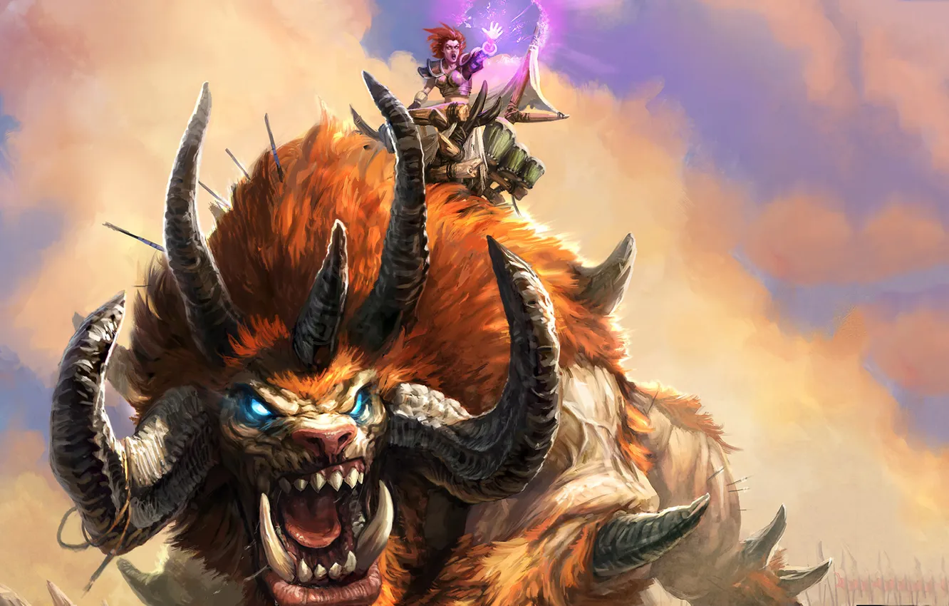 Фото обои девушка, магия, монстр, арт, пасть, рога, зверь, BattleForge