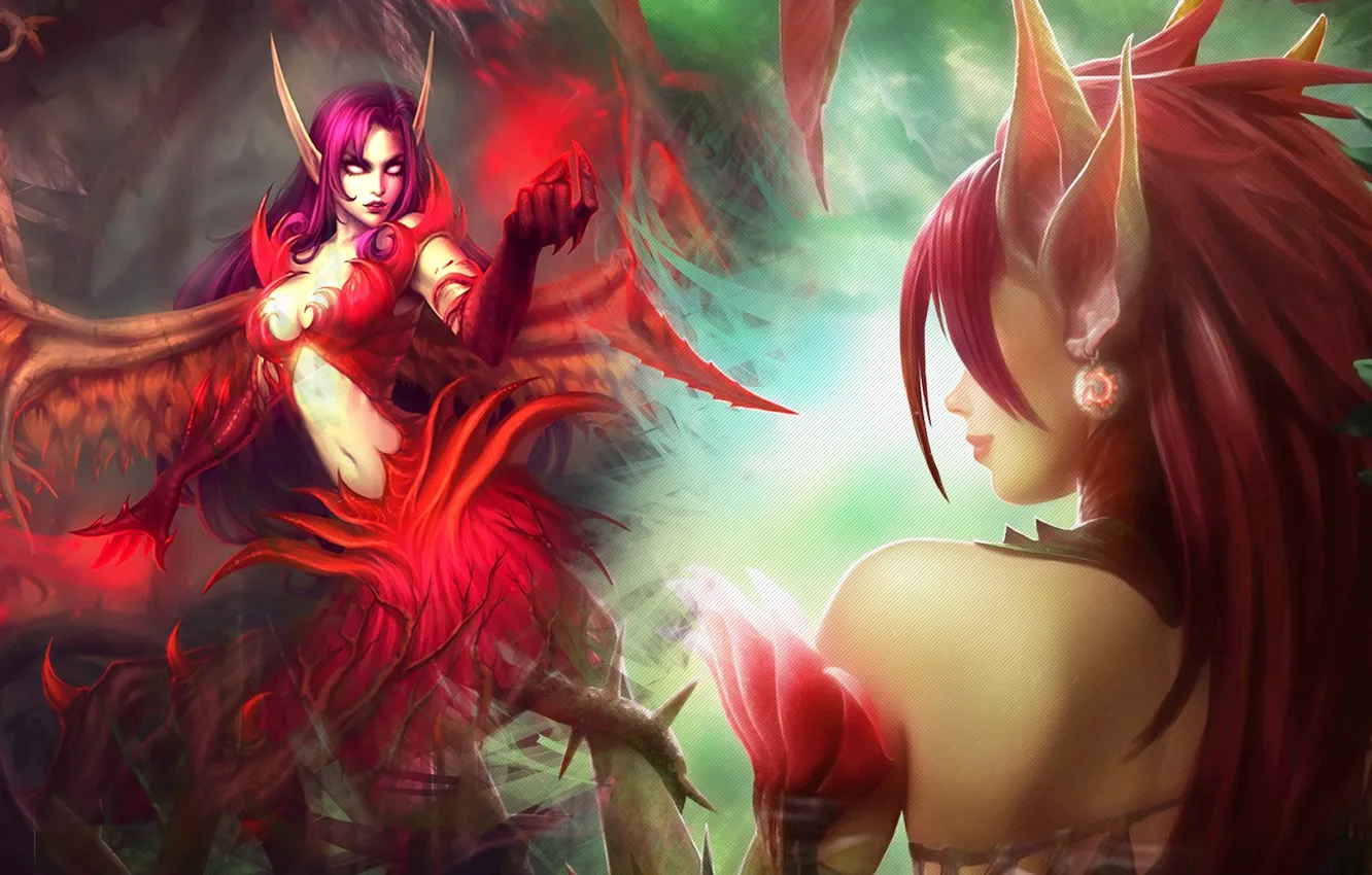 Фото обои League of Legends, Morgana, Fallen Angel, Rise of the Thorns, Zyra