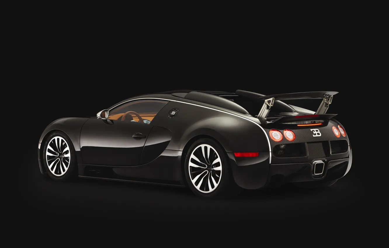 Фото обои черный, Veyron, bugatti, спойлер