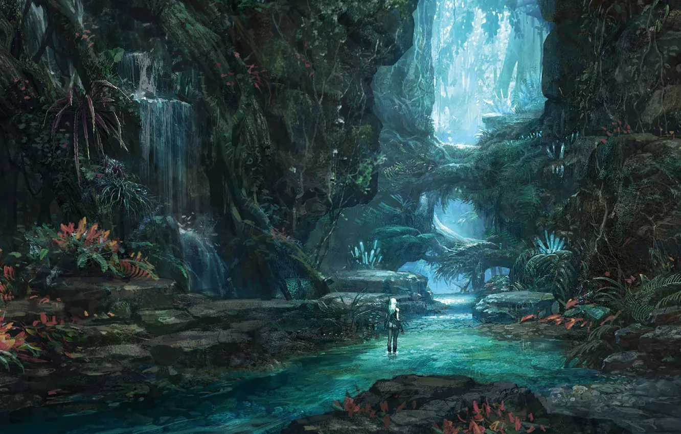 Фото обои девушка, деревья, цветы, река, водопад, джунгли, concept art