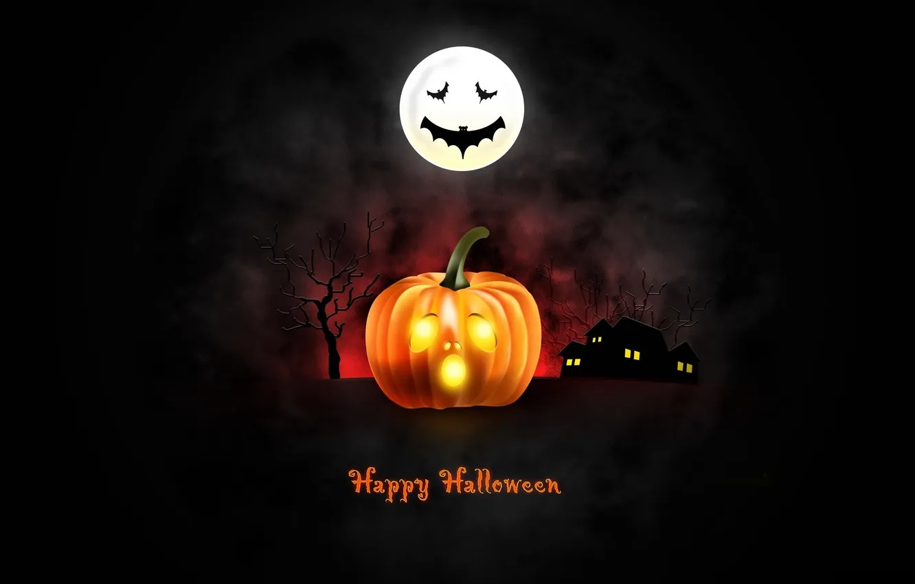 Фото обои ночь, туман, дом, луна, тыква, хэллоуин, halloween