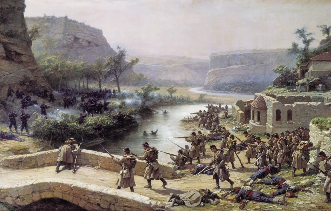 Фото обои мост, масло, сражение, Холст, Павел КОВАЛЕВСКИЙ, Бой у Иваново-Чифлик 2 октября 1877 года