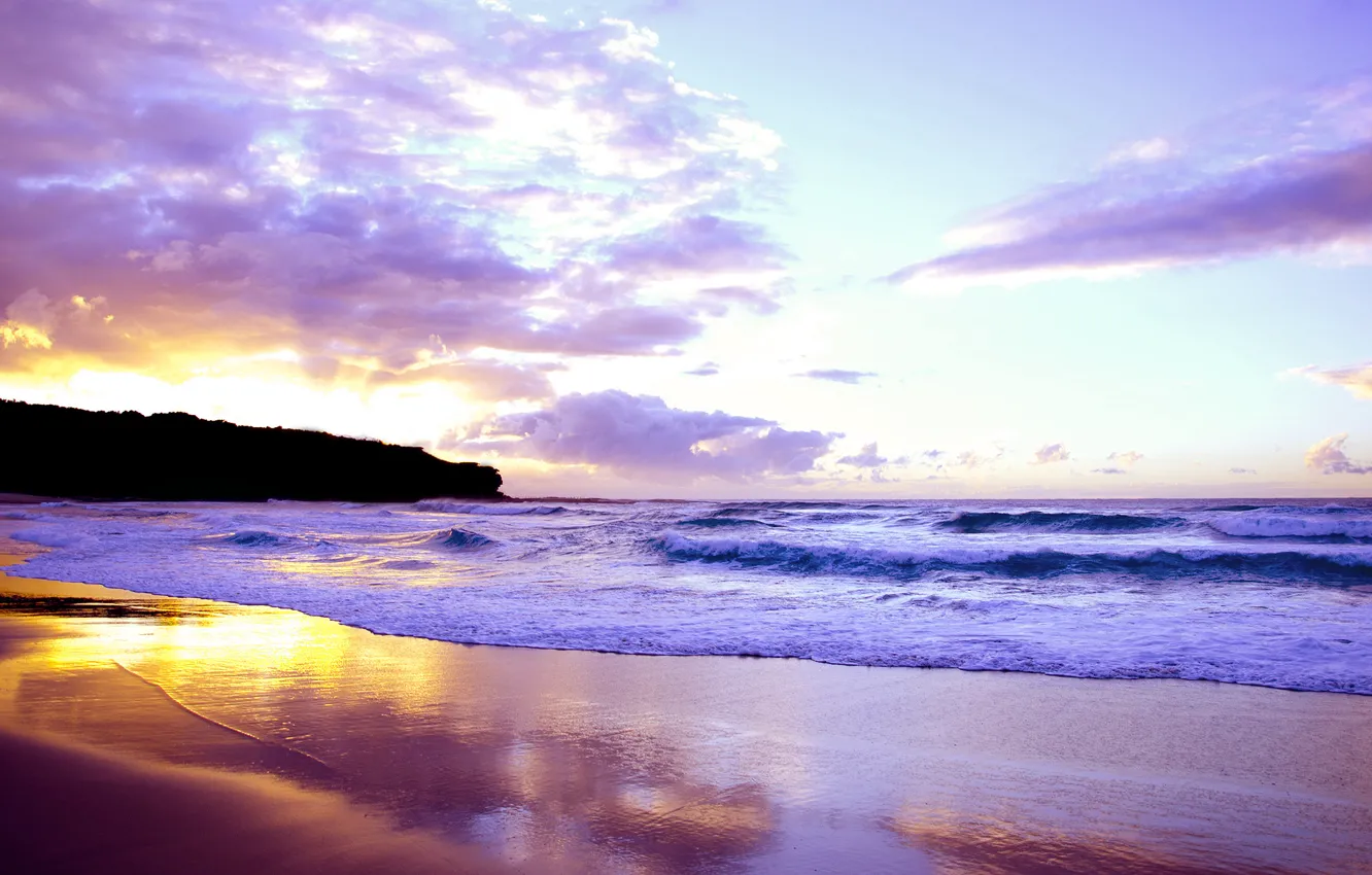 Фото обои море, волны, небо, пейзаж, закат, берег, красиво