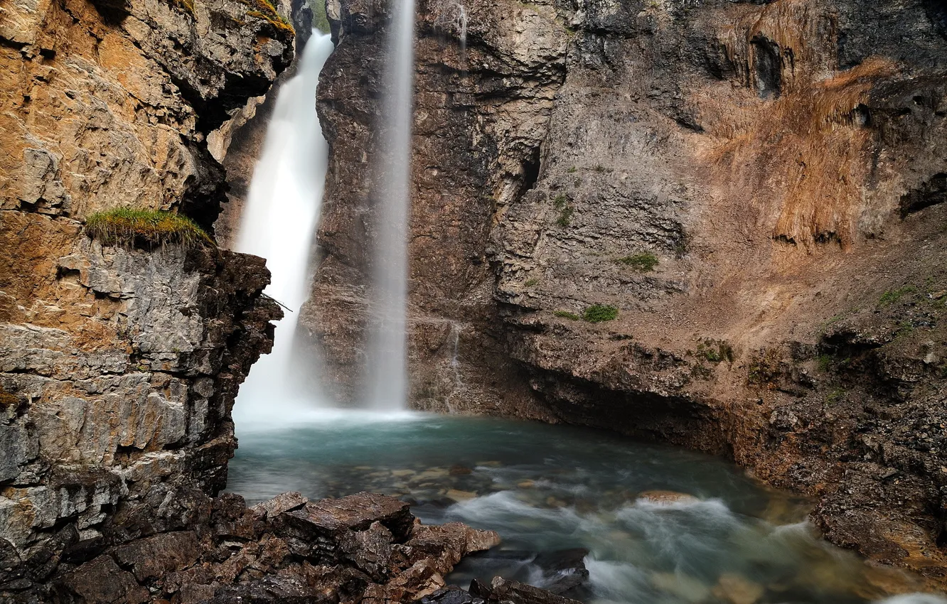 Фото обои природа, река, скалы, водопад