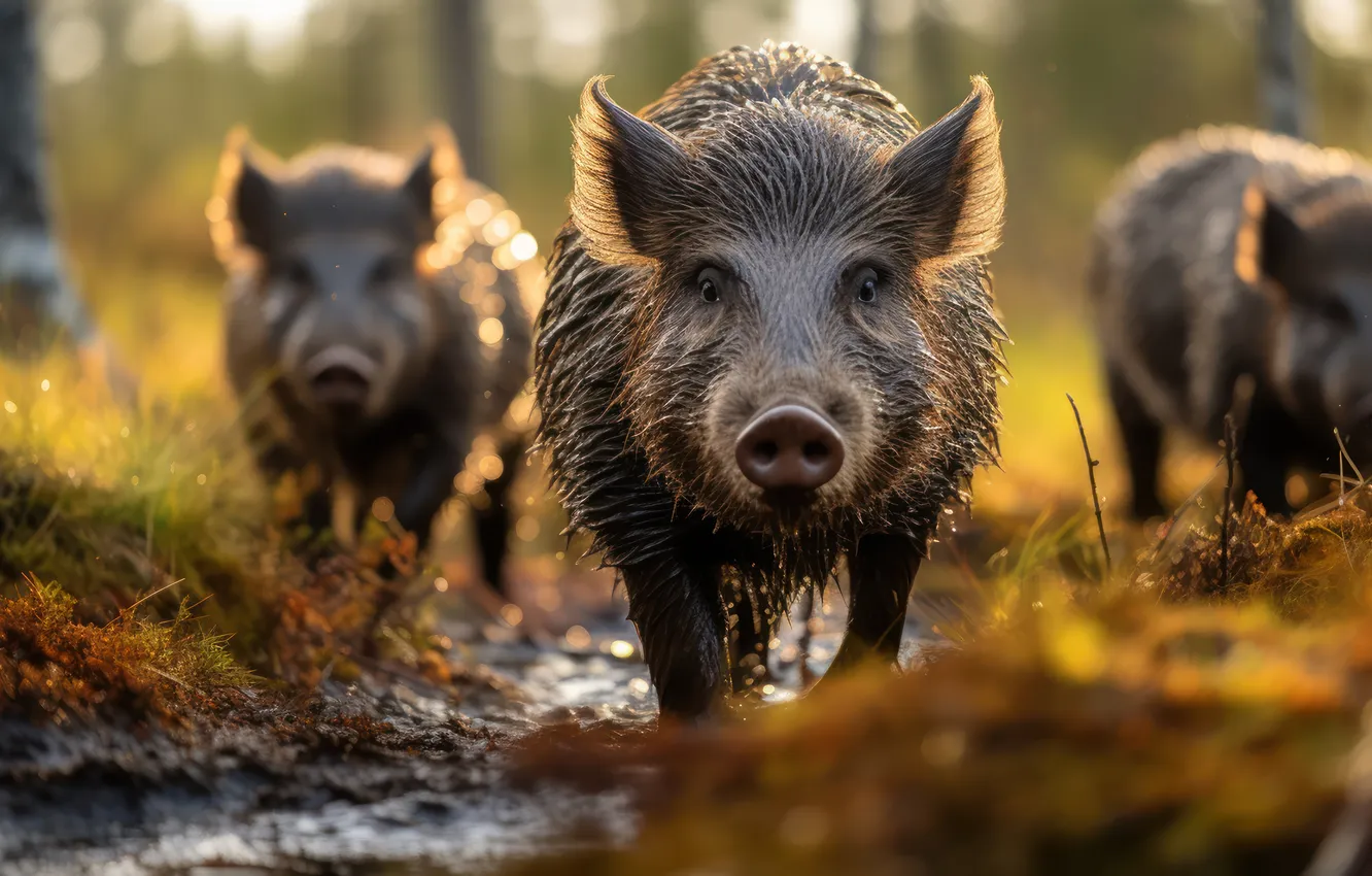 Фото обои wild, boars, underbrush, tread, softly
