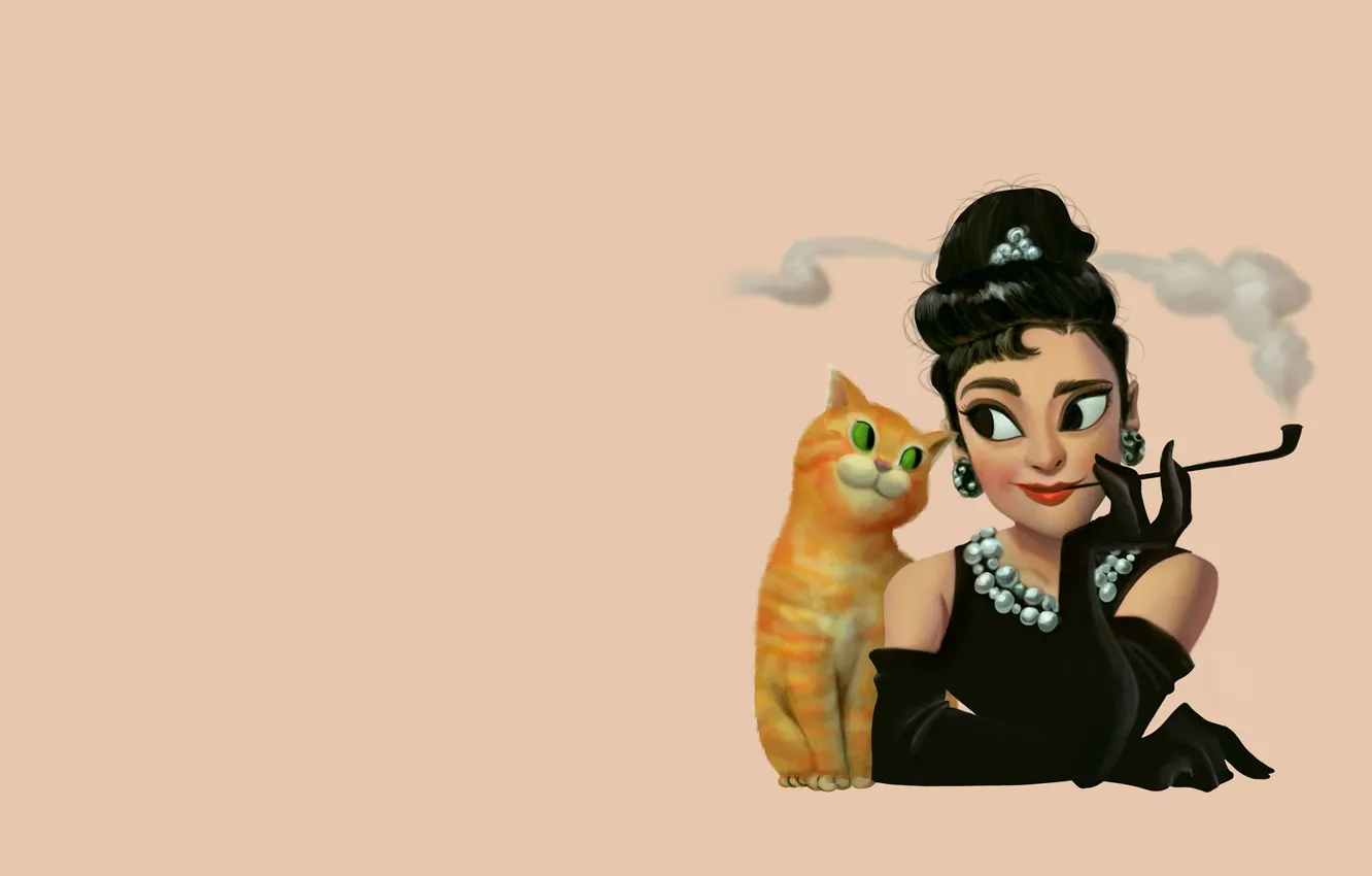 Фото обои кот, девушка, настроение, трубка, арт
